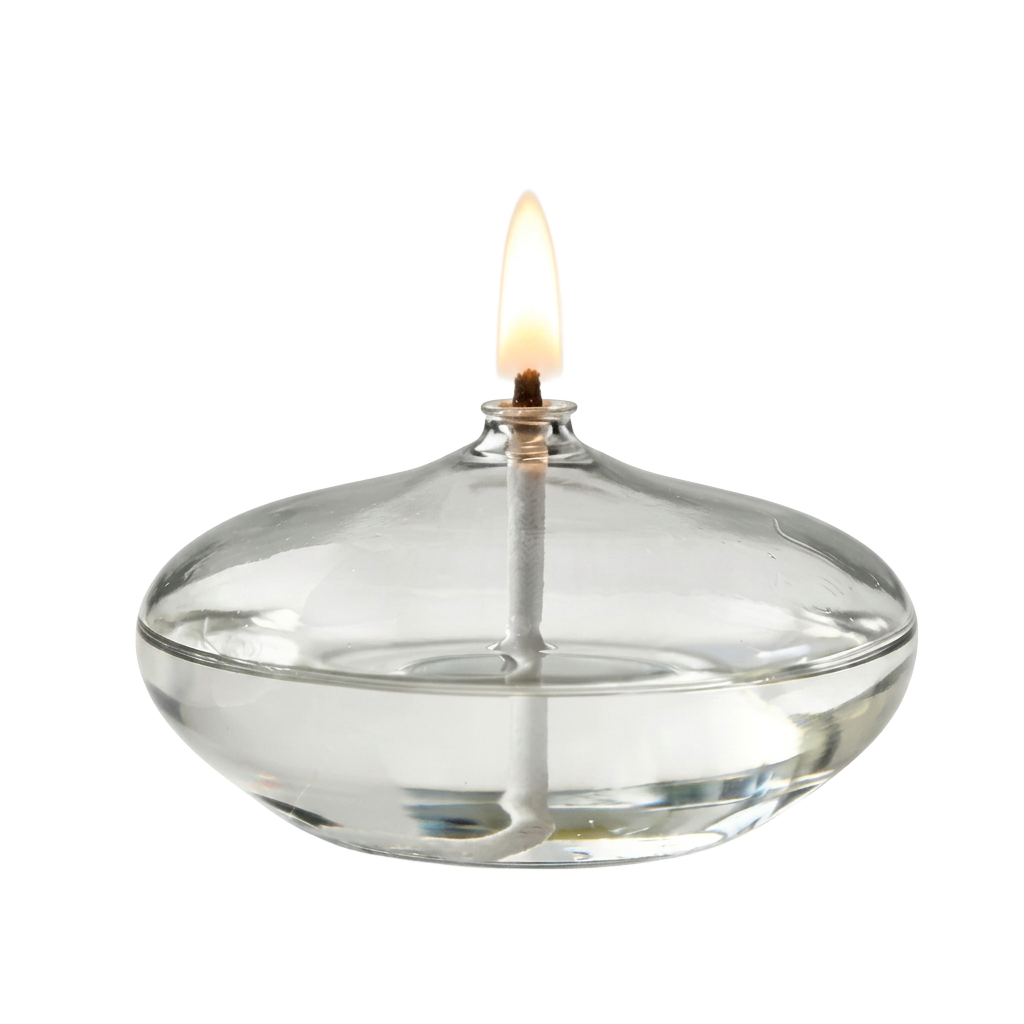 Small clear glass oil lamp with a lit flame