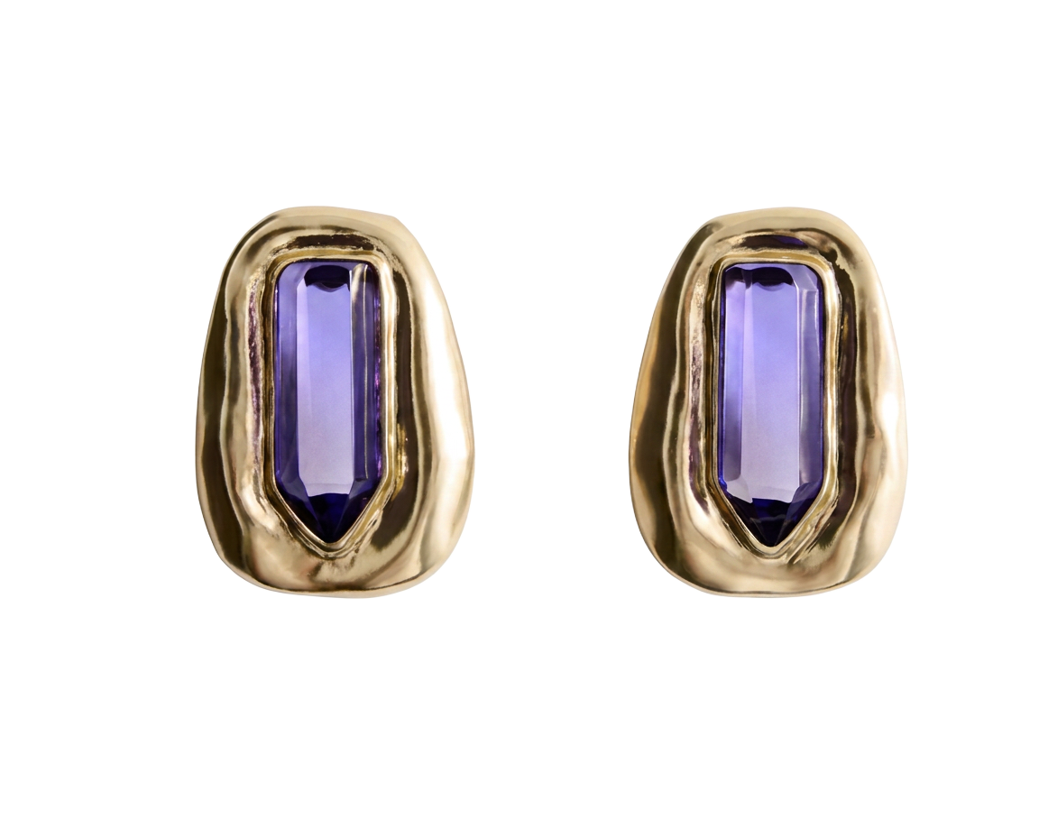 Gold earrings set with deep purple stones