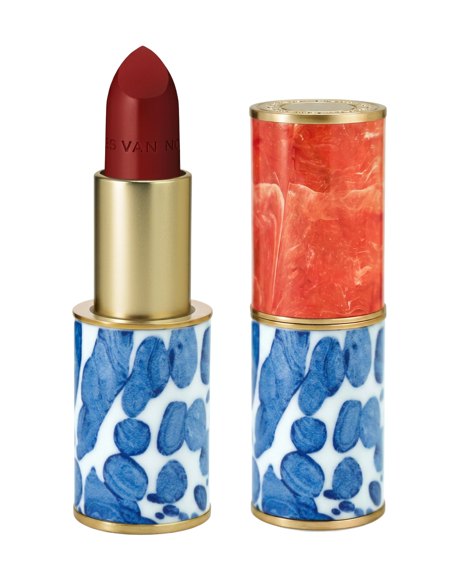 Marbled coral and blue lipstick case with gold bands