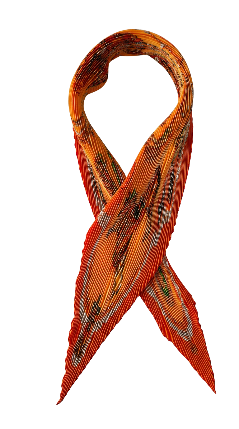 Pleated orange printed silk scarf, looped